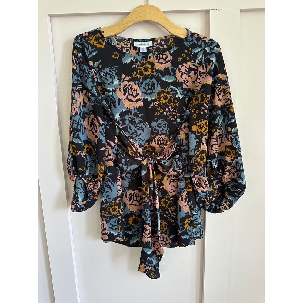 Motherhood Maternity Floral Tie Front Blouse Black Pink Blue Small 3/4 Sleeve